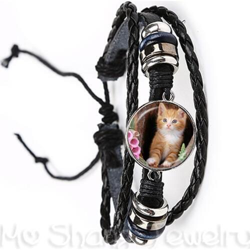 Customize Your Beloved Pet Bracelet 20mm Glass Dome Cat Pattern Series Handmade Black/BrownLeather Bangle Dog Lover Gift