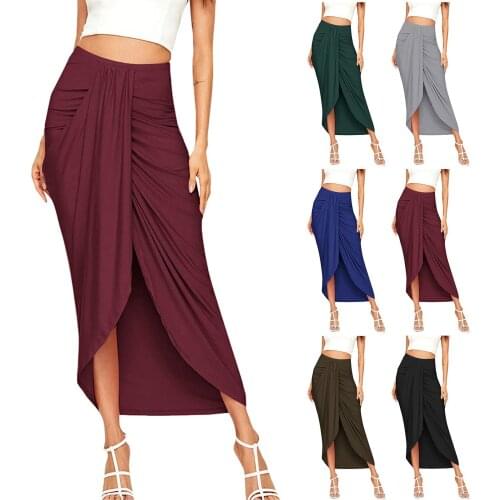 Sexy Elegant Faldas Women Casual Slit Wrap Asymmetrical Elastic High Waist Maxi Draped Solid Skirt Sensual Jupe Plus Size