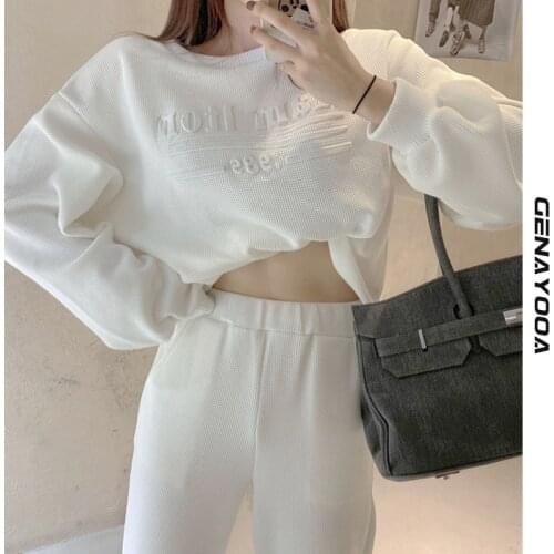 Genayooa Casual Two Piece Set Top And Pants Women Tracksuit Letter Streetwear Autumn Winter Hoodies Two Piece Set Korean Fashion