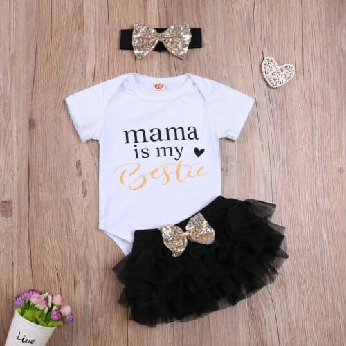 Pudcoco Newborn Baby Girl Clothes Short Sleeve Round Neck Letter Print Romper Net Gauze Fluffy Skirt Sequin Bow Headband 3Pcs