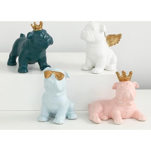 BULLDOG STATUE CROWN SUNGLASSES ANGEL SIMULATION ANIMAL CERAMIC CRAFTWORK LIVING ROOM DECOR L2935