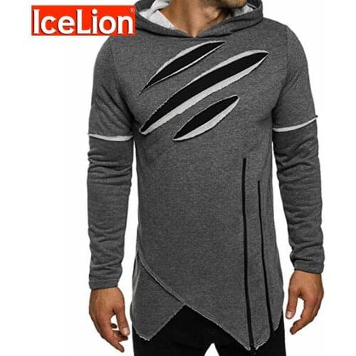 IceLion Collar Hoodies Men Long Section Sweatshirts Slim Fit Men Hoodies Hole Long Sleeve Spring Autumn Sportswear Casual Jacket