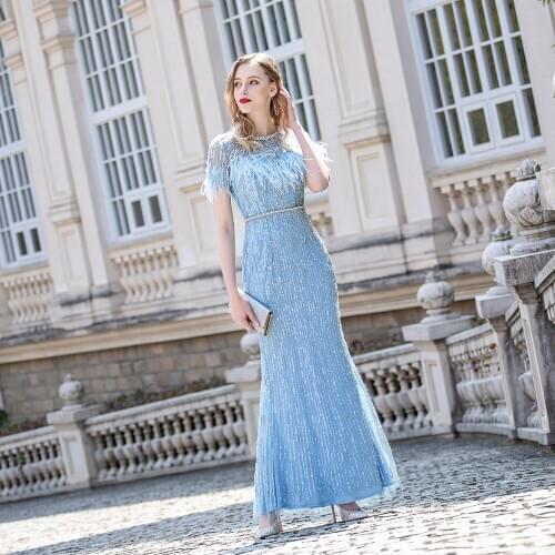 Blue Feathers Mermaid Evening Dress 2020 Long O Neck Tulle Crystals Beaded Sleeves Elegant Evening Gown Formal Dresses Vestidos