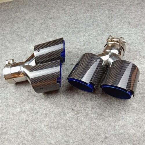 1 Pair inlet 63mm Glossy Carbon Fiber Y Exhaust Tips Blue Stainless Steel For Akrapovic carbon Muffler Nozzles Exhaust Pipes