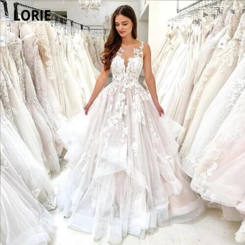 LORIE Vintage Wedding Dresses Lace O-Neck Appliques Lace A-Line Princess Wedding Gown Tulle Bride Dress 2021 suknia slubna
