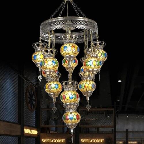 Vintage Turkish Chandeliers E27 Colorful Handmade Glass Lampshade Industrial Suspension 1/7 Heads Chandelier for the Living Room