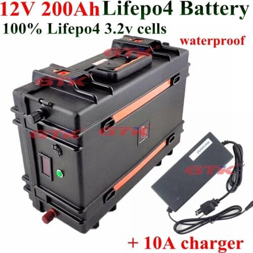 Waterproof Case 12v 200Ah lifepo4 Battery 12.8v with BT BMS for solar RV Car Golf catamaran Yachting sailing ship + 20A charger
