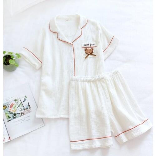 Pyjama Pour Femme Short-sleeved Shorts Womens Pajamas Sleep Washed Cotton Crepe Two Piece Set Summer Kawaii Pajama