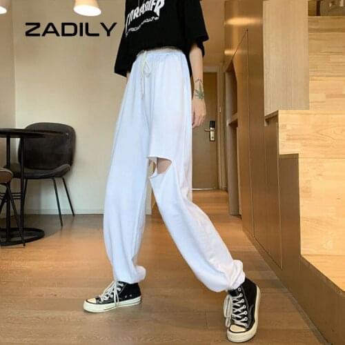 ZADILY Y2K Street Sytle Elastic Waist Solid Hip Hop Pants Harajuku Loose Cotton Hole 2021 Summer Tie Feet Women Long Pants