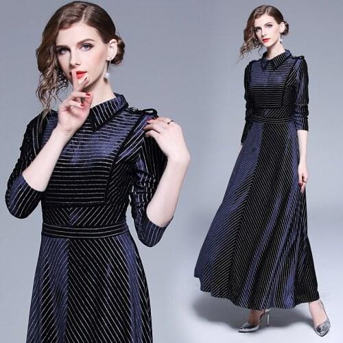 Dropshipping Winter Spring Fall Autumn Runway Floral Embroidery Collar Women Velvet Party Casual Empire Waist Luxury Maxi Dress