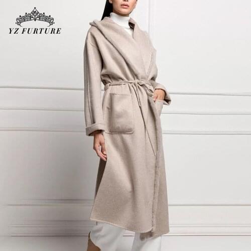 Woman Wholeskin 110cm Long Cashmere Wool Hooded Belt Coat Ladies Spring Fashion Wool Coat With Purse Waist Slim Design Overdress
