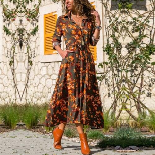 2021 Summer Fashion Long Dress Women Floral Print Boho Dress Long Sleeve Shirt Dress Ladies Casual Dresses Bandage Dresses