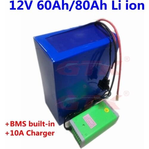 GTK 12V battery 12 V 60AH 80AH Lithium ion bateria for 12 Volt 3S Li ion akku pack withBMS 10A charger