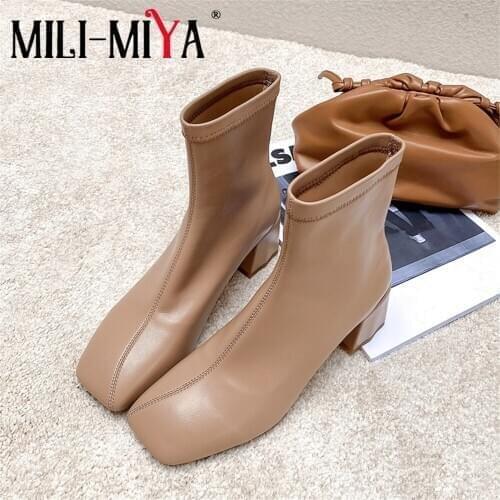 MILI-MIYA Fashion Women Cow Leather Ankle Boots Slip-On Solid Color Fashion Square Toe Waterproof Warm Short Plush Spring Autumn