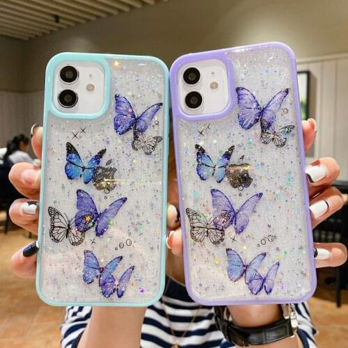 Cute Butterfly Cartoon Phone Case For iPhone 11 12 Pro Max Mini X XR XS Max 7 8 Plus SE 2020 Glitter Clear Soft TPU Back Cover