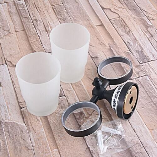 Black Oil Rubbed Bronze Double Toothbrush Holder With Scrub Glass Cup Wall Mounted Ceramic Base Bathroom Accessories aba765