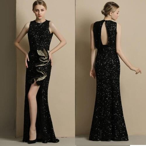 Black Sequins Evening Dress Mermaid Sexy High Split Hollow Back Glitter Bling Long 2020 Homecoming Prom Cocktail Dress 2009