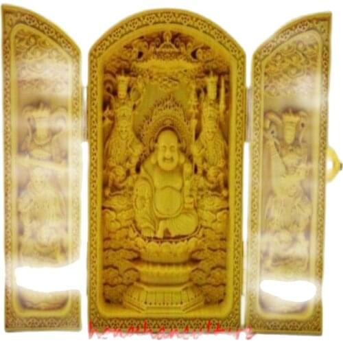 DECORATED BOXWOOD HIGHLY DIFFICULTY CARVED FLODING BOX -- MAITREYA BUDDHA