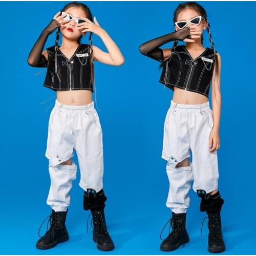 Kids Hip Hop Dance Clothes For Girls Jazz Dance Costumes Black Vest White Cargo Pants Dancers Outfits Performance Wear DQS7601