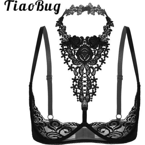 Erotic Sexy Floral Lace Bra Top for Womens See-through Underwired Unlined Lingerie Hot Bra Tops Halter Bare Breast Underwear
