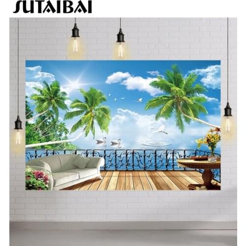 Natural Landscape Balcony View Photo Background Summer Blue Sea Swan Trees Scenic Photography Backdrops for Photo Studio