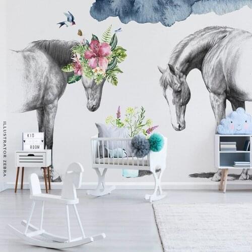 Custom Photo Wallpaper 3D Nordic Creative Flower Black And White Horse Murals Wall Cloth Living Room TV Bedroom Papel De Parede