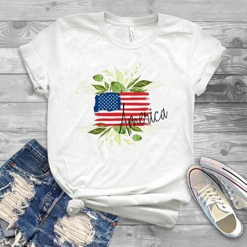 100% Cotton 4th of July Tshirt Red White Blue America Girls Summer Short Sleeve Shirt