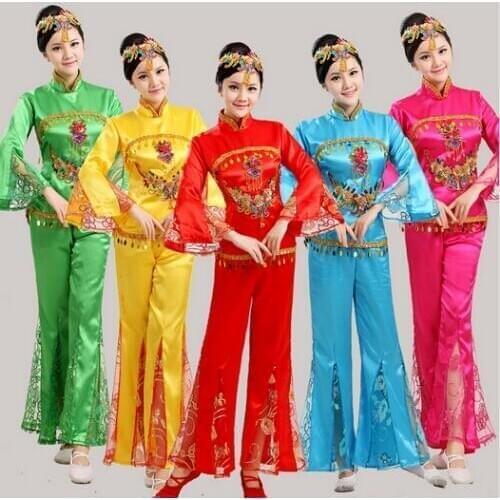 Chinese embroidered sequined folk dance costumes fan handkerchief drum yangko dance clothing red\blue national dance performance