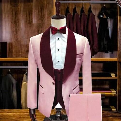Pink Mens Slim Fit Suits with Burgundy Velvet Lapel 3 Pieces Formal Wedding Groom Tuxedo for Dinner Prom Male Fashion Blazer