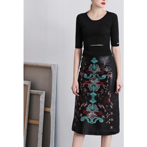 Top brand and winter Autumn womens national wind embroidery real sheepskin leather skirt ,long skirt high quality