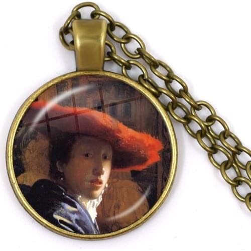 Fashion Bronze Color Punk Style Pendant Necklace Vermeer Oil Painting Girl Wearing Pearl 25mm Glass Cabochon Jewelry for Women