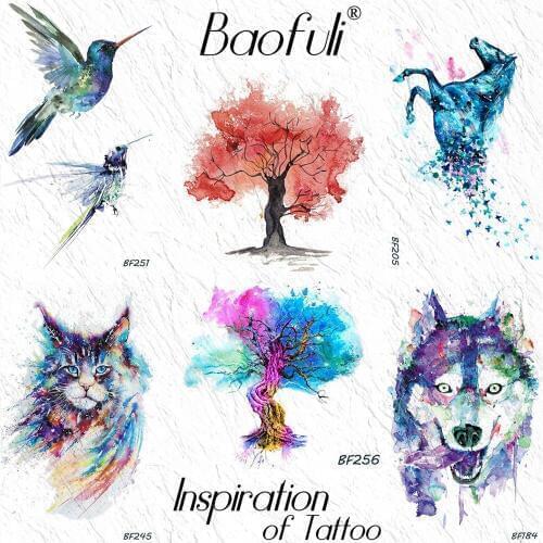 Baofuli Watercolor Tree Design Flash Temporary Tattoos Kit Cat Wolf Waterproof Tattoo Sticker Women Body Art Fake Tatoo For Kids