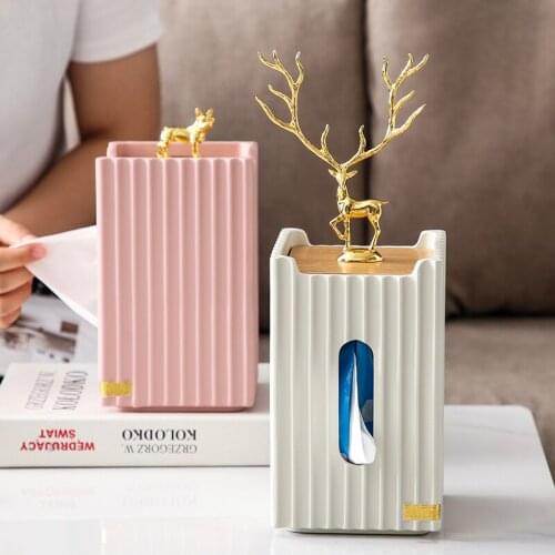 Nordic Golden Deer Tissue Box Resin Bamboo Striped Standing Storage Pumping Canister Crafts Living Room Desktop Home Decoration