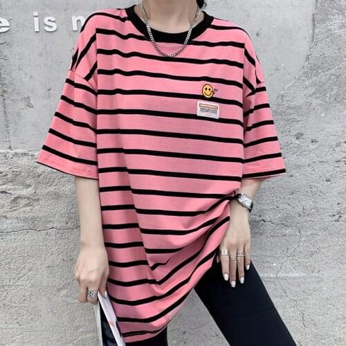2021 new female t shirt short sleeve summer Stripe printing loose mid-length tide student clothes Harajuku woman t shirt