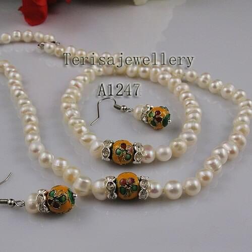 New Arriver Natural Pearl Jewelry Set Freshwater Pearl Rhinestone Cloisonne Necklace Bracelet Earrings More Color For Choose