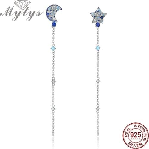 Mytys 925 Sterling Silver Dangle Link Chain Line S925 Earrings High Level CZ Star & Moon Jewelry Gift for Girls Women CE421