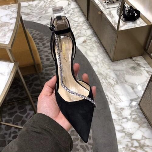 Casual Designer women pumps black crystal strappy pointy toe stiletto stripper High heels bridal wedding Prom Evening Shoes
