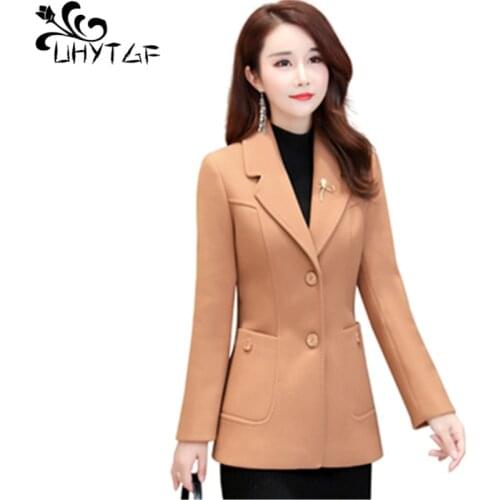 UHYTGF Fashion Women Spring Autumn Woolen Coat Single-Breasted Slim Plus Size Jacket Casual Short Tops Solid Female Outwear 1535
