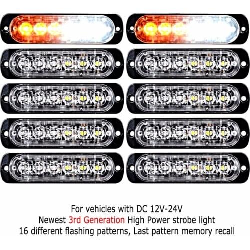 Amber/White 6LED Emergency Hazard Warning Flash Strobe Beacon Light Bar