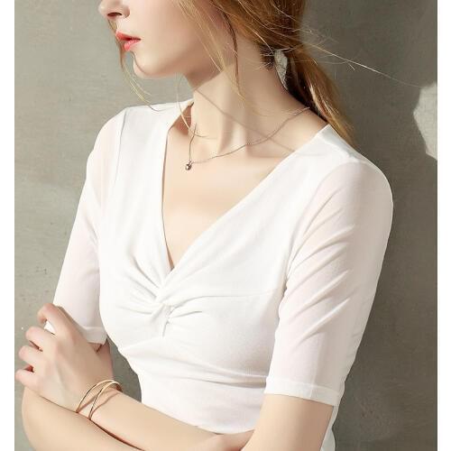 Lady Ballroom Dancing Blouse V Neck Summer Dancing Shirt Mesh Girls Latin Dance Jacket Body Dance Acrobatic Suit D-0656