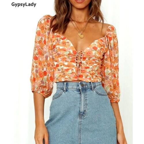 GypsyLady Floral Summer Chic Blouse Shirt Chiffon V-neck Sexy Blouse Tops Lace Tie Up Backless Women Ladies Top Shirt New 2021
