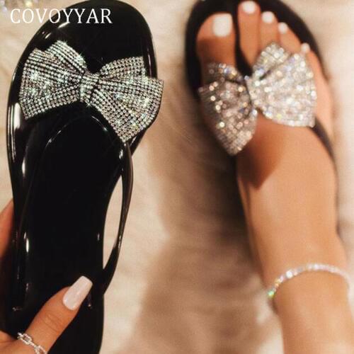 COVOYYAR 2019 Shining Women Slippers Summer Flat Woman Shoes Beach Slides Crystal Bow Jelly Shoes Flip Flops Big Size 41 WSL114