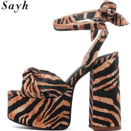 Size Plus Summer Women 14CM High Heels Sandal Platform Peep Toe Ankle Strap Sandals Runway Party Pumps Leopard Floral Shoes