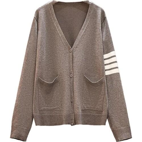 Women Cardigan Knit Sweater Vintage Stylish stripe Pattern Slim Crop Top Fashion V-Neck England Style Long Sleeve Outerwear