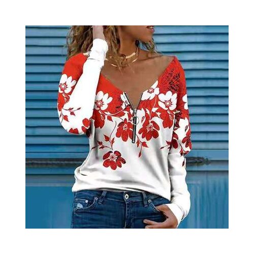 Womens Harajuku Pullover Loose Casual Print V-neck Zipper Flower Long-sleeved Female T-shirt Top Autumn 2021 T-Shirt New Style