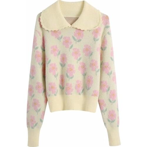 Za Womens New Fall Vintage JacQuard Small Round Lapel Long Sleeve Knitted Top Vintage Pullover XITIMEAO