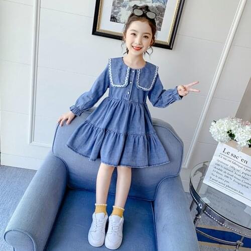 4-14 Years Girls Denim Long Sleeve Dress Kids A-lINE Casual Pirncess Dress for Girls Toddler Fall Clothes Kids Solid Dresses