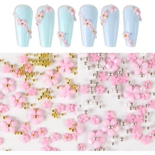 Acrylic Flower Hot Pink Rhinestones For Nail Art Decorations Mixed Size Silver Beads Designs For DIY Nails Accessories RK140134