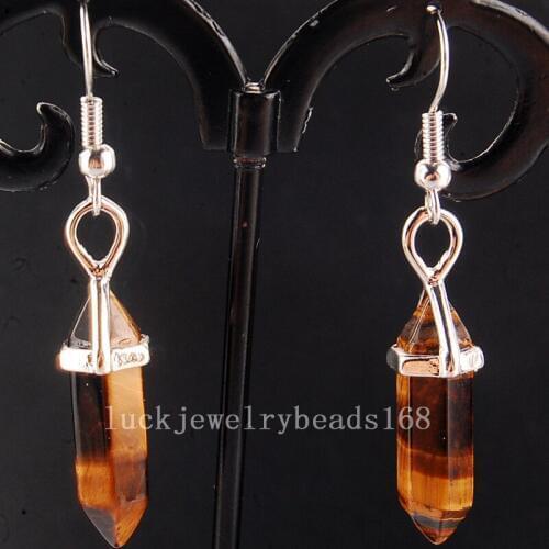Free Shipping Women Fashion Jewelry Tigers Eye Hexagonal Reiki Chakra Beads Dangle Earrings Pair C4152