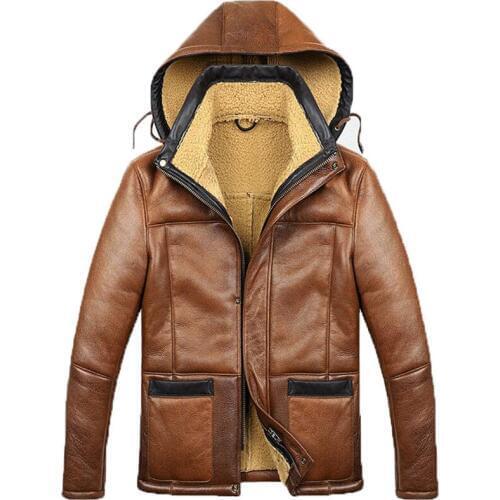 Denny&Dora B3 B6 Mens Hooded Sheepskin Shearling Bomber Jacket Hooded Detachable Brown Color